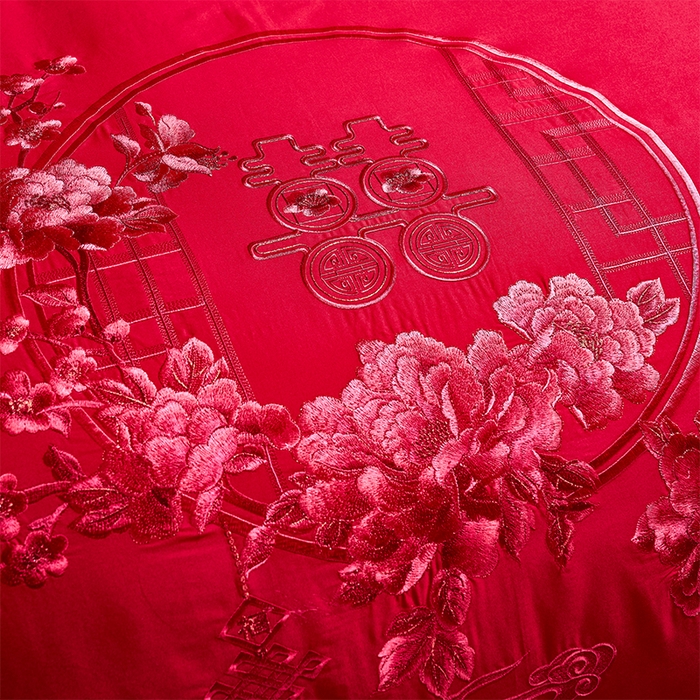 91家纺网 家纺一手货源 找家纺 洽想家 2025新款全棉新中式刺绣婚庆四件套多件套（控价销售最低不低于288元） 诗情画意（红）