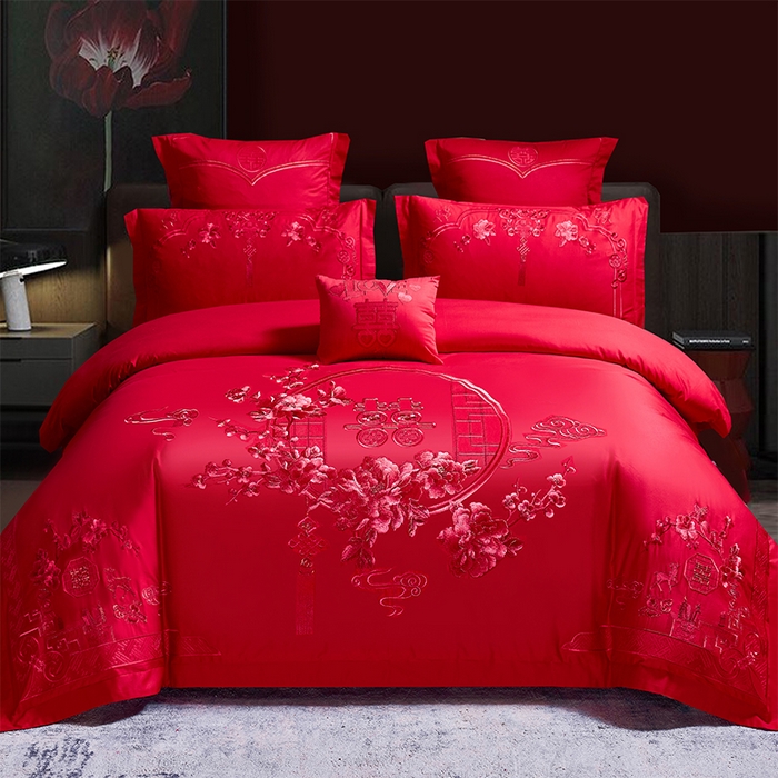 91家纺网 家纺一手货源 找家纺 洽想家 2025新款全棉新中式刺绣婚庆四件套多件套（控价销售最低不低于288元） 诗情画意（红）