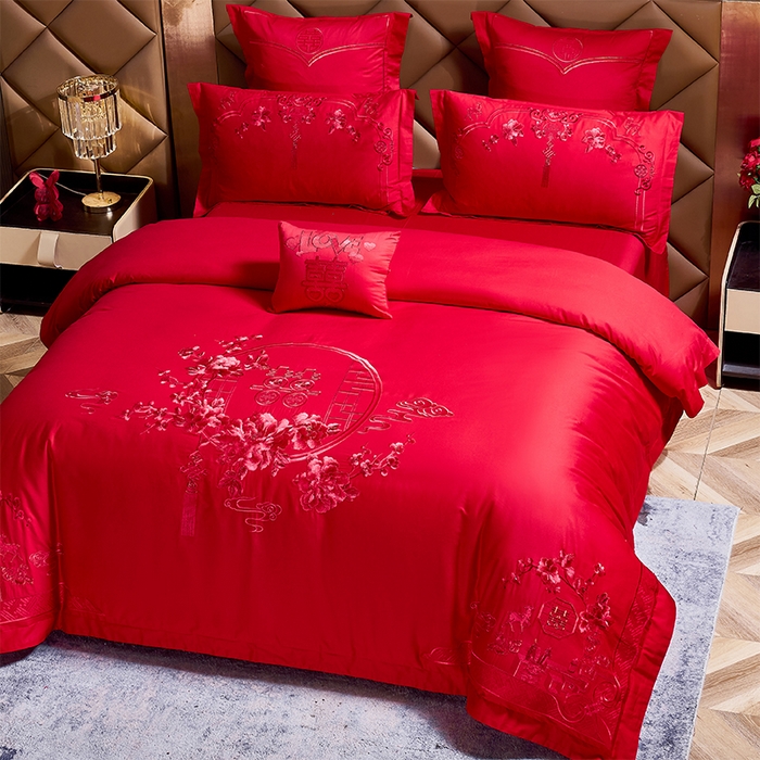 91家纺网 家纺一手货源 找家纺 洽想家 2025新款全棉新中式刺绣婚庆四件套多件套（控价销售最低不低于288元） 诗情画意（红）