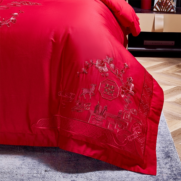 91家纺网 家纺一手货源 找家纺 洽想家 2025新款全棉新中式刺绣婚庆四件套多件套（控价销售最低不低于288元） 诗情画意（红）