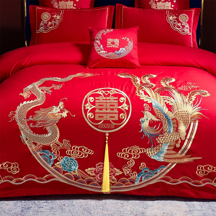 91家纺网 家纺一手货源 找家纺 洽想家 2025新款全棉新中式刺绣婚庆四件套多件套（控价销售最低不低于288元） 龙凤喜缘