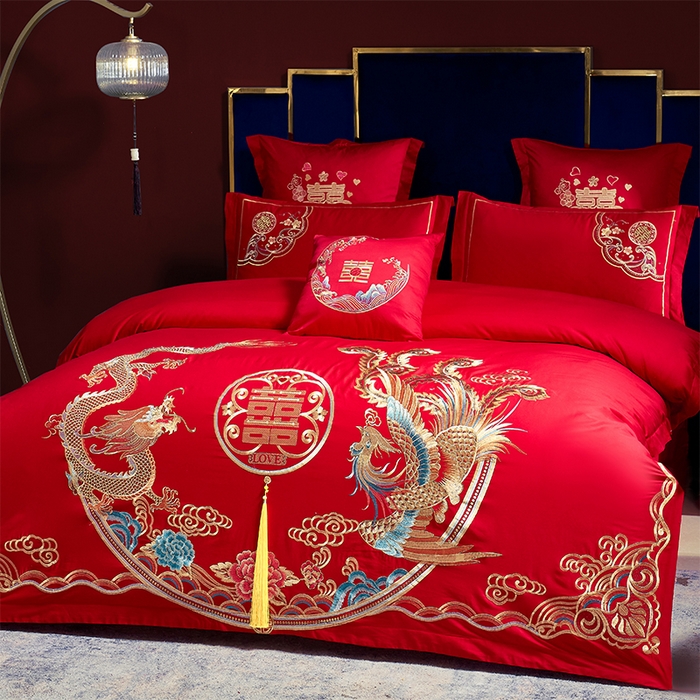 91家纺网 家纺一手货源 找家纺 洽想家 2025新款全棉新中式刺绣婚庆四件套多件套（控价销售最低不低于288元） 龙凤喜缘