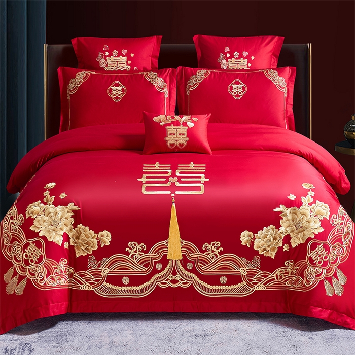 91家纺网 家纺一手货源 找家纺 洽想家 2025新款全棉新中式刺绣婚庆四件套多件套（控价销售最低不低于288元） 盛世繁华（金）
