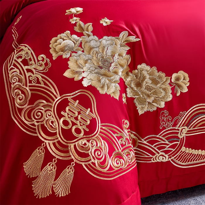 91家纺网 家纺一手货源 找家纺 洽想家 2025新款全棉新中式刺绣婚庆四件套多件套（控价销售最低不低于288元） 盛世繁华（金）