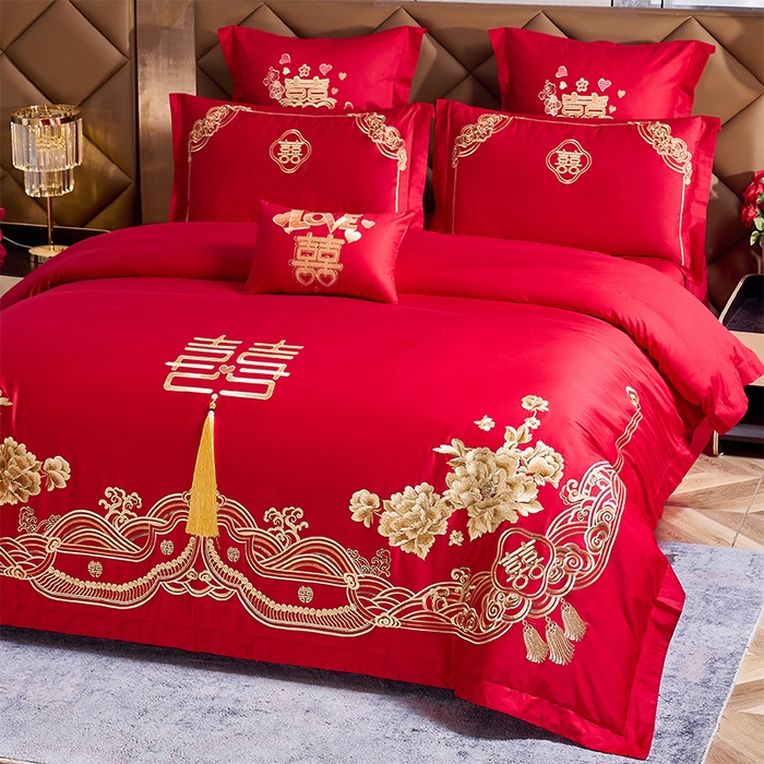 91家纺网 家纺一手货源 找家纺 洽想家 2025新款全棉新中式刺绣婚庆四件套多件套（控价销售最低不低于288元） 盛世繁华（金）