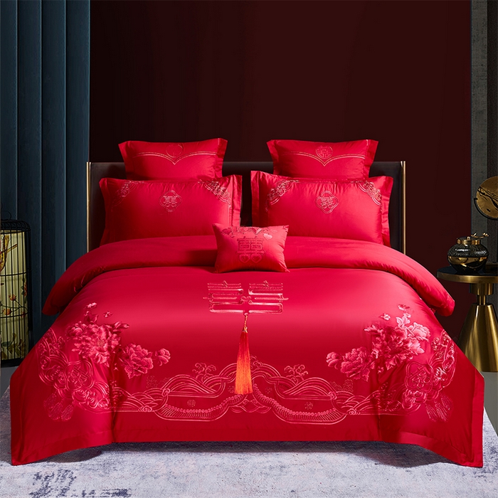 洽想家 2025新款全棉新中式刺绣婚庆四件套多件套（控价销售最低不低于288元） 盛世繁华（红）