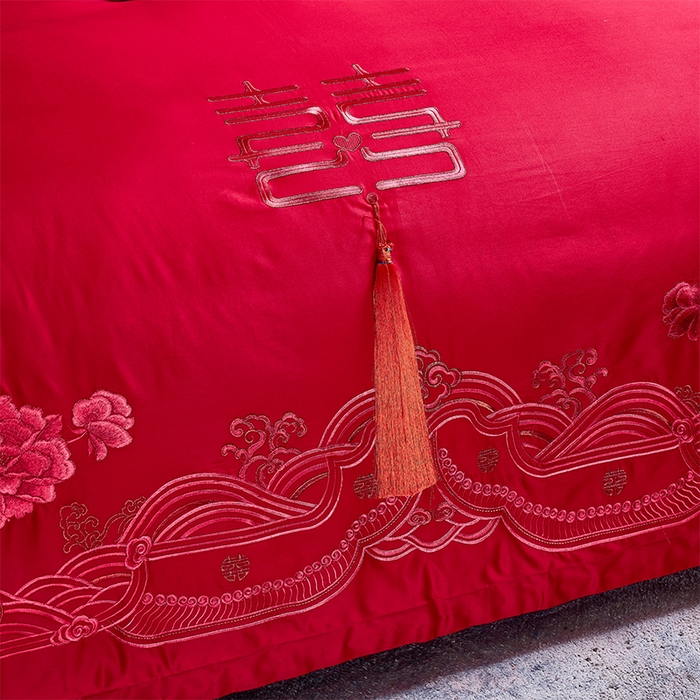 91家纺网 家纺一手货源 找家纺 洽想家 2025新款全棉新中式刺绣婚庆四件套多件套（控价销售最低不低于288元） 盛世繁华（红）