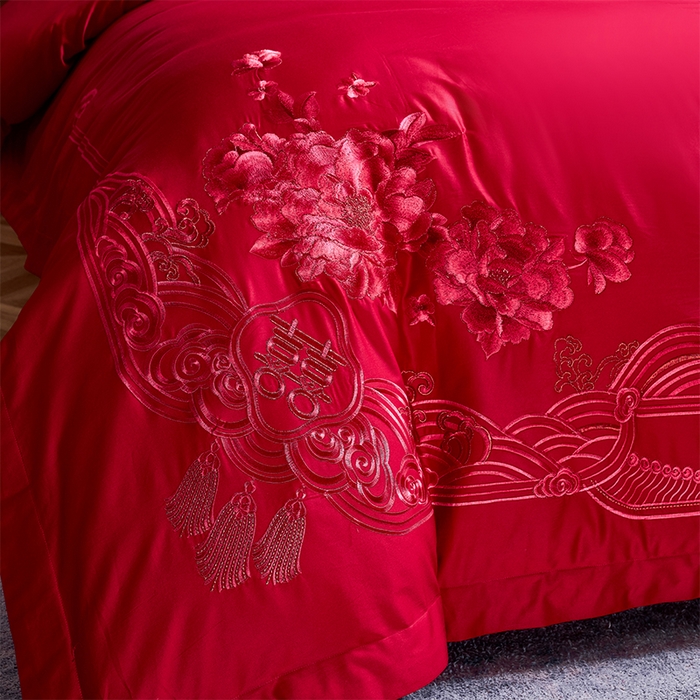 91家纺网 家纺一手货源 找家纺 洽想家 2025新款全棉新中式刺绣婚庆四件套多件套（控价销售最低不低于288元） 盛世繁华（红）