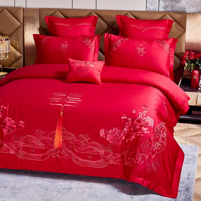 91家纺网 家纺一手货源 找家纺 洽想家 2025新款全棉新中式刺绣婚庆四件套多件套（控价销售最低不低于288元） 盛世繁华（红）
