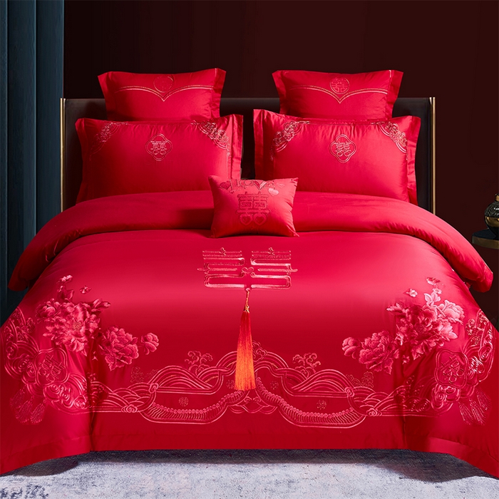 91家纺网 家纺一手货源 找家纺 洽想家 2025新款全棉新中式刺绣婚庆四件套多件套（控价销售最低不低于288元） 盛世繁华（红）