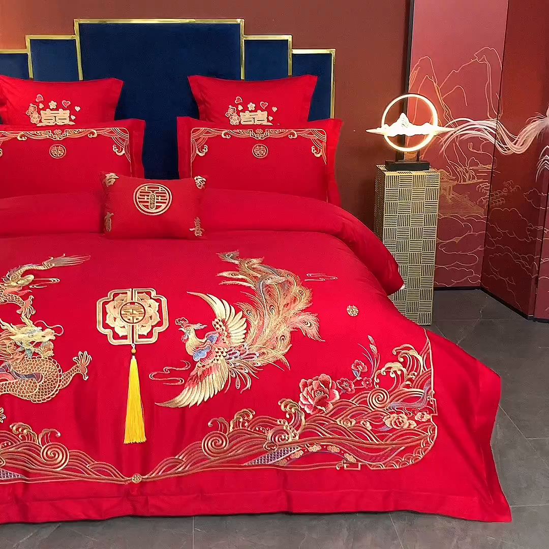 91家纺网 家纺一手货源 找家纺 洽想家 2025新款全棉新中式刺绣婚庆四件套多件套（控价销售最低不低于288元） 盛世龙凤
