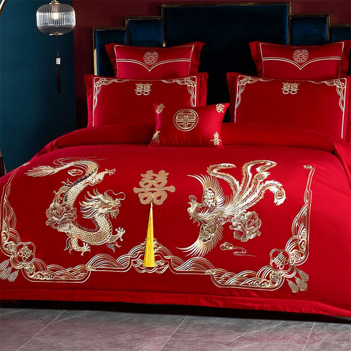 91家纺网 家纺一手货源 找家纺 洽想家 2025新款全棉新中式刺绣婚庆四件套多件套（控价销售最低不低于288元） 欢喜龙凤