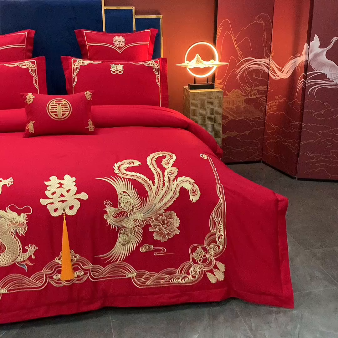 91家纺网 家纺一手货源 找家纺 洽想家 2025新款全棉新中式刺绣婚庆四件套多件套（控价销售最低不低于288元） 欢喜龙凤
