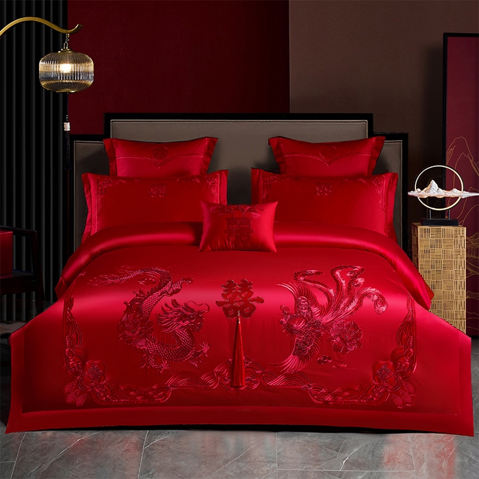 洽想家 2025新款全棉新中式刺绣婚庆四件套多件套（控价销售最低不低于288元） 欢喜龙凤（红色绣线）