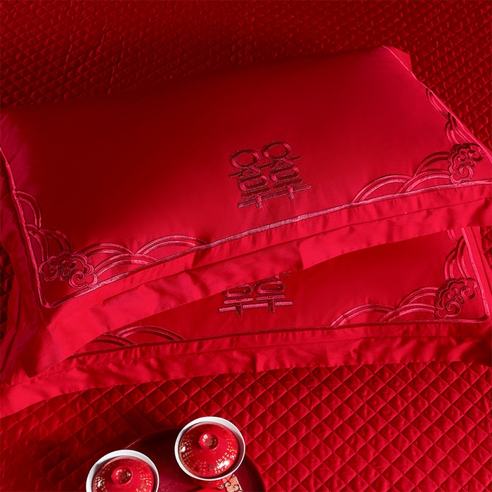 91家纺网 家纺一手货源 找家纺 洽想家 2025新款全棉新中式刺绣婚庆四件套多件套（控价销售最低不低于288元） 欢喜龙凤（红色绣线）