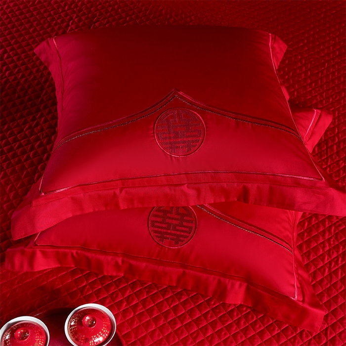 91家纺网 家纺一手货源 找家纺 洽想家 2025新款全棉新中式刺绣婚庆四件套多件套（控价销售最低不低于288元） 欢喜龙凤（红色绣线）