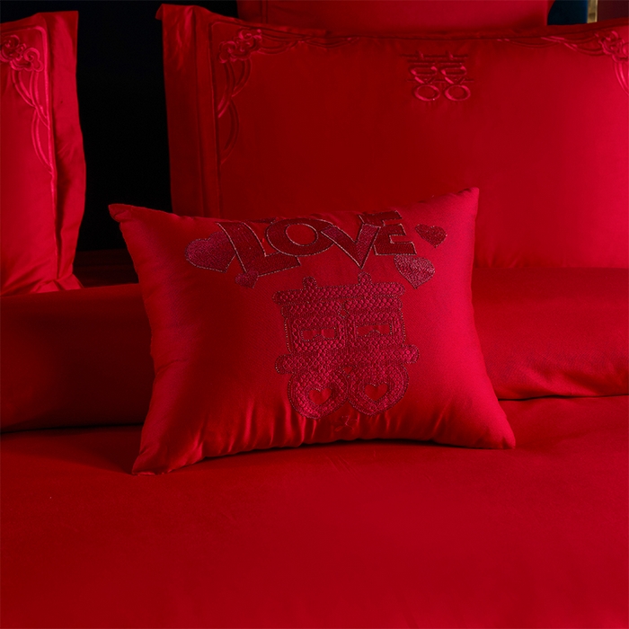 91家纺网 家纺一手货源 找家纺 洽想家 2025新款全棉新中式刺绣婚庆四件套多件套（控价销售最低不低于288元） 欢喜龙凤（红色绣线）