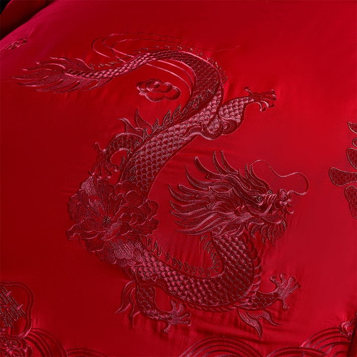 91家纺网 家纺一手货源 找家纺 洽想家 2025新款全棉新中式刺绣婚庆四件套多件套（控价销售最低不低于288元） 欢喜龙凤（红色绣线）