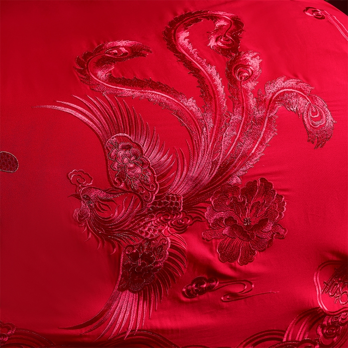 91家纺网 家纺一手货源 找家纺 洽想家 2025新款全棉新中式刺绣婚庆四件套多件套（控价销售最低不低于288元） 欢喜龙凤（红色绣线）