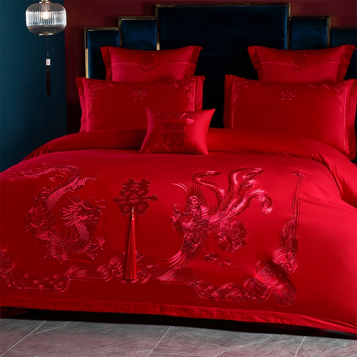 91家纺网 家纺一手货源 找家纺 洽想家 2025新款全棉新中式刺绣婚庆四件套多件套（控价销售最低不低于288元） 欢喜龙凤（红色绣线）