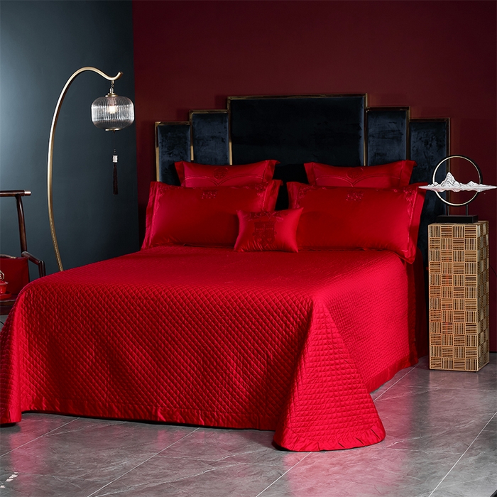 91家纺网 家纺一手货源 找家纺 洽想家 2025新款全棉新中式刺绣婚庆四件套多件套（控价销售最低不低于288元） 欢喜龙凤（红色绣线）