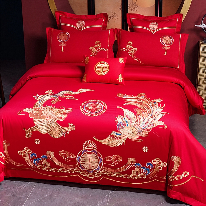 91家纺网 家纺一手货源 找家纺 洽想家 2025新款全棉新中式刺绣婚庆四件套多件套（控价销售最低不低于288元） 龙凤瑞彩