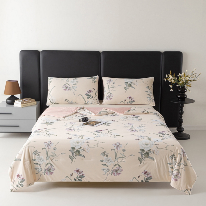 91家纺网 家纺一手货源 找家纺 玛德琳 2025新款A类兰精天丝印花凉感丝系列 粉墨花笺