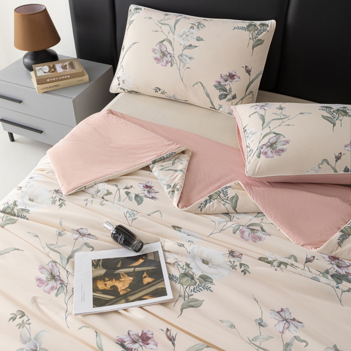 91家纺网 家纺一手货源 找家纺 玛德琳 2025新款A类兰精天丝印花凉感丝系列 粉墨花笺