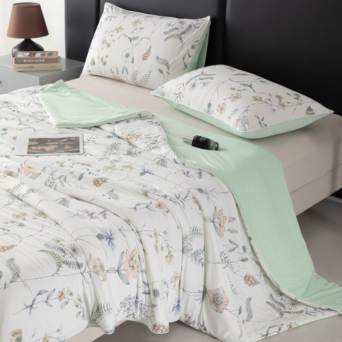 91家纺网 家纺一手货源 找家纺 玛德琳 2025新款A类兰精天丝印花凉感丝系列 绿影芳踪