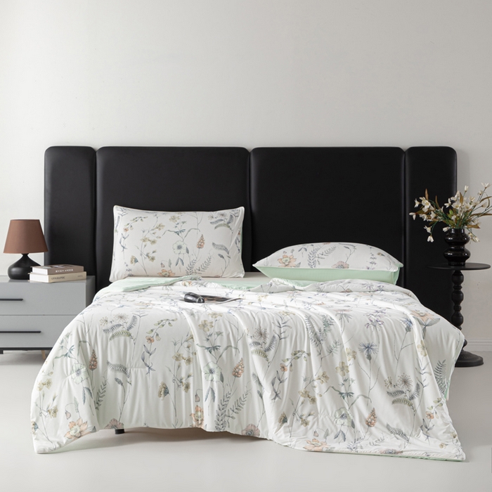 91家纺网 家纺一手货源 找家纺 玛德琳 2025新款A类兰精天丝印花凉感丝系列 绿影芳踪