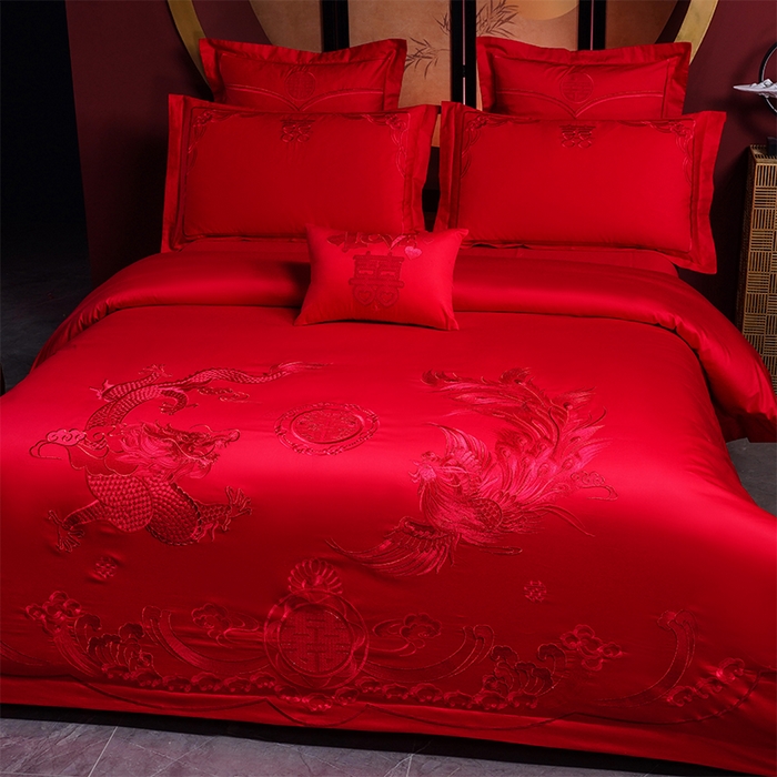 91家纺网 家纺一手货源 找家纺 洽想家 2025新款全棉新中式刺绣婚庆四件套多件套（控价销售最低不低于288元） 龙凤瑞彩（本线绣）