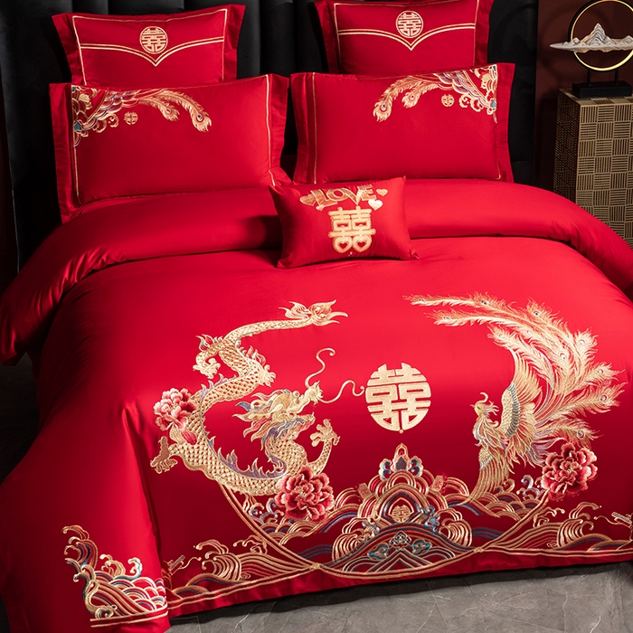 91家纺网 家纺一手货源 找家纺 洽想家 2025新款全棉新中式刺绣婚庆四件套多件套（控价销售最低不低于288元） 龙凤九天