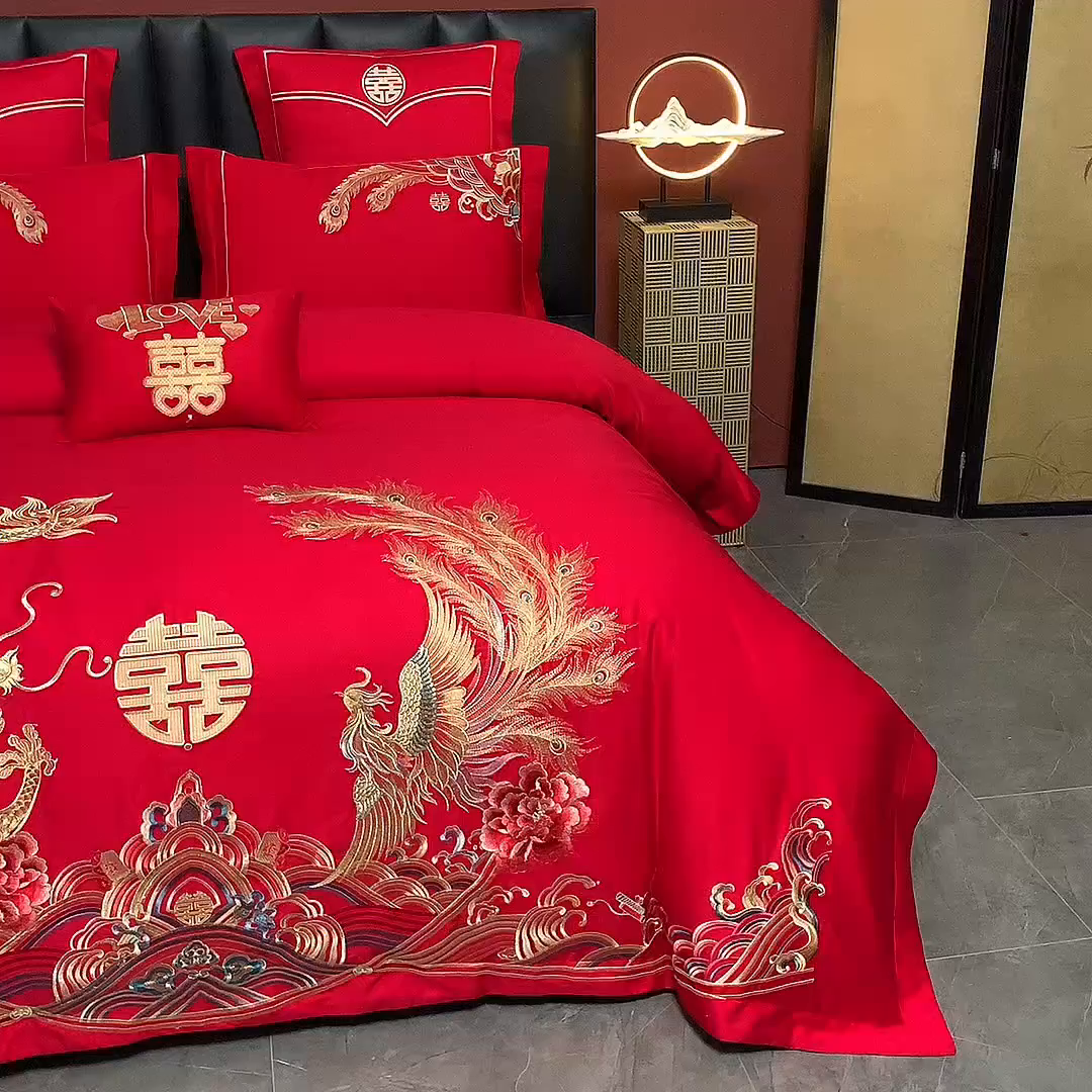 91家纺网 家纺一手货源 找家纺 洽想家 2025新款全棉新中式刺绣婚庆四件套多件套（控价销售最低不低于288元） 龙凤九天