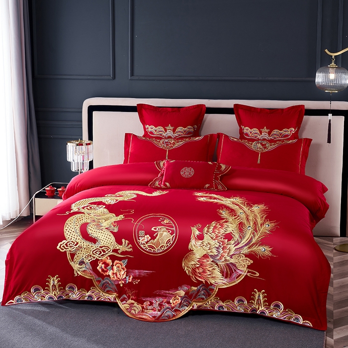 91家纺网 家纺一手货源 找家纺 洽想家 2025新款全棉新中式刺绣婚庆四件套多件套（控价销售最低不低于288元） 凤舞龙蟠