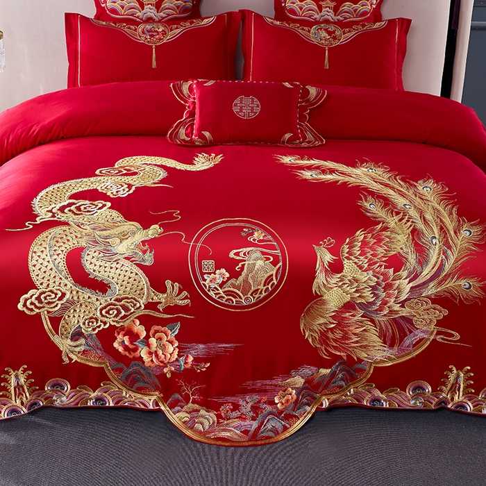 91家纺网 家纺一手货源 找家纺 洽想家 2025新款全棉新中式刺绣婚庆四件套多件套（控价销售最低不低于288元） 凤舞龙蟠