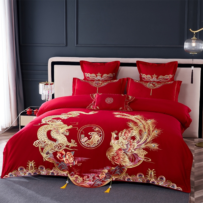 91家纺网 家纺一手货源 找家纺 洽想家 2025新款全棉新中式刺绣婚庆四件套多件套（控价销售最低不低于288元） 凤舞龙蟠