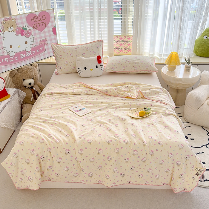 91家纺网 家纺一手货源 找家纺 星巴k家纺 2025新款贝壳绣三角针花边工艺款贝壳边夏被夏凉被空调被四件套【可提供买家秀】 粉色kt猫