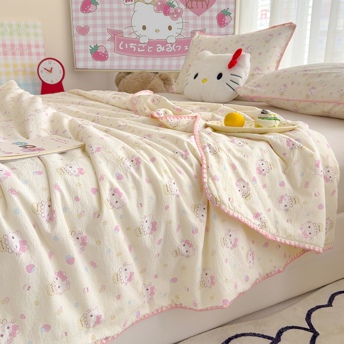 91家纺网 家纺一手货源 找家纺 星巴k家纺 2025新款贝壳绣三角针花边工艺款贝壳边夏被夏凉被空调被四件套【可提供买家秀】 粉色kt猫