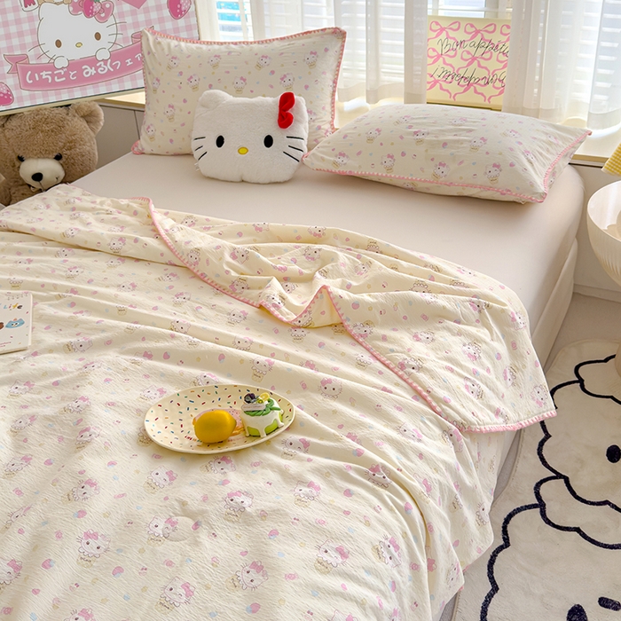 91家纺网 家纺一手货源 找家纺 星巴k家纺 2025新款贝壳绣三角针花边工艺款贝壳边夏被夏凉被空调被四件套【可提供买家秀】 粉色kt猫