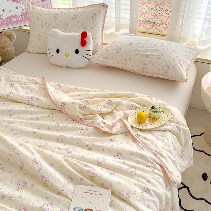 91家纺网 家纺一手货源 找家纺 星巴k家纺 2025新款贝壳绣三角针花边工艺款贝壳边夏被夏凉被空调被四件套【可提供买家秀】 粉色kt猫