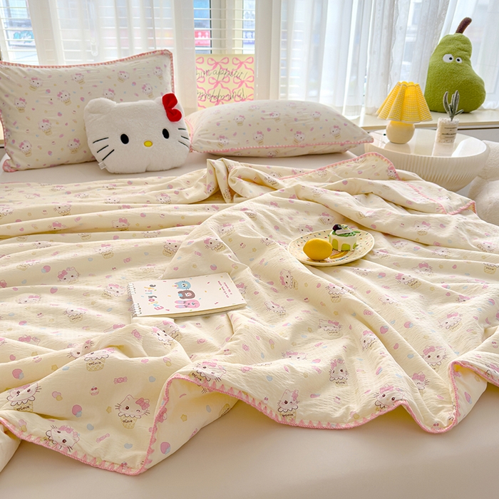 91家纺网 家纺一手货源 找家纺 星巴k家纺 2025新款贝壳绣三角针花边工艺款贝壳边夏被夏凉被空调被四件套【可提供买家秀】 粉色kt猫