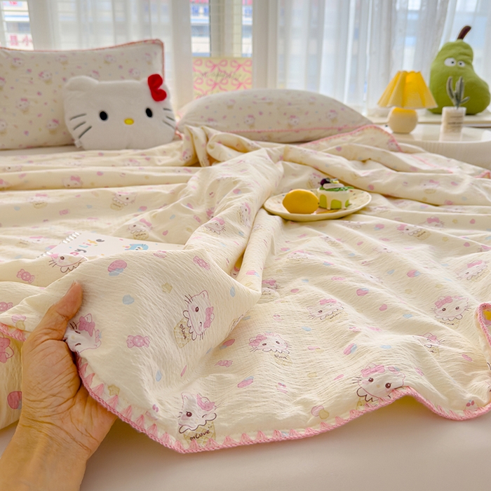 91家纺网 家纺一手货源 找家纺 星巴k家纺 2025新款贝壳绣三角针花边工艺款贝壳边夏被夏凉被空调被四件套【可提供买家秀】 粉色kt猫