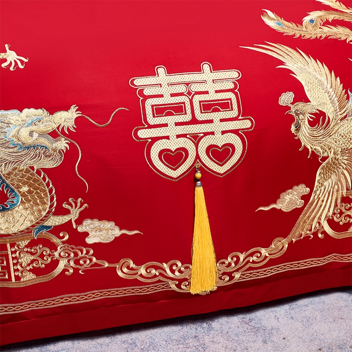 91家纺网 家纺一手货源 找家纺 洽想家 2025新款全棉新中式刺绣婚庆四件套多件套（控价销售最低不低于288元） 龙凤喜舞