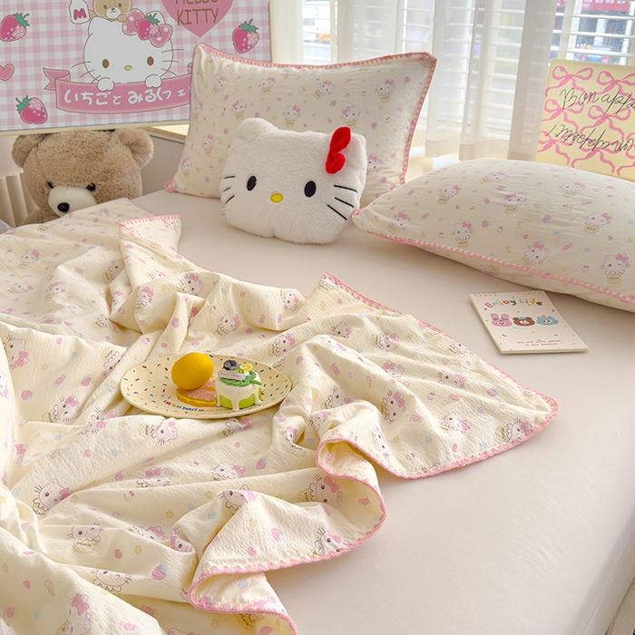 91家纺网 家纺一手货源 找家纺 星巴k家纺 2025新款贝壳绣三角针花边工艺款贝壳边夏被夏凉被空调被四件套【可提供买家秀】 粉色kt猫