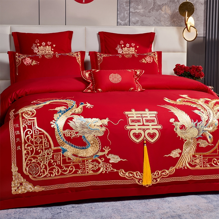 91家纺网 家纺一手货源 找家纺 洽想家 2025新款全棉新中式刺绣婚庆四件套多件套（控价销售最低不低于288元） 龙凤喜舞