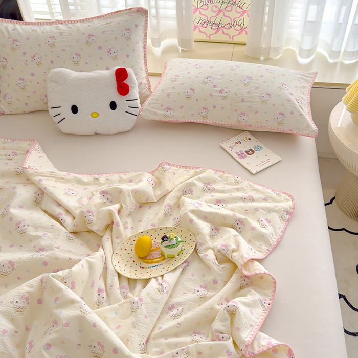 91家纺网 家纺一手货源 找家纺 星巴k家纺 2025新款贝壳绣三角针花边工艺款贝壳边夏被夏凉被空调被四件套【可提供买家秀】 粉色kt猫