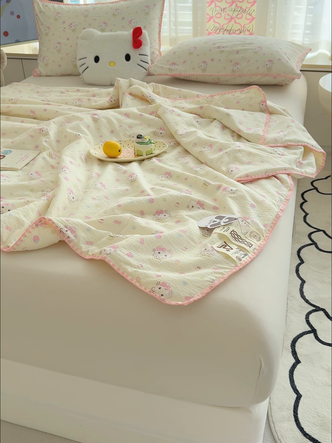 91家纺网 家纺一手货源 找家纺 星巴k家纺 2025新款贝壳绣三角针花边工艺款贝壳边夏被夏凉被空调被四件套【可提供买家秀】 粉色kt猫