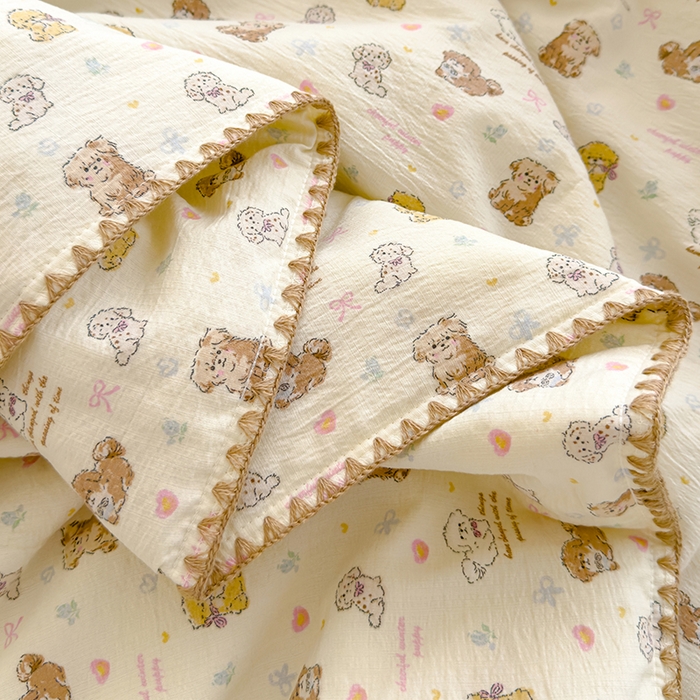 91家纺网 家纺一手货源 找家纺 星巴k家纺 2025新款贝壳绣三角针花边工艺款贝壳边夏被夏凉被空调被四件套【可提供买家秀】 狗狗日记