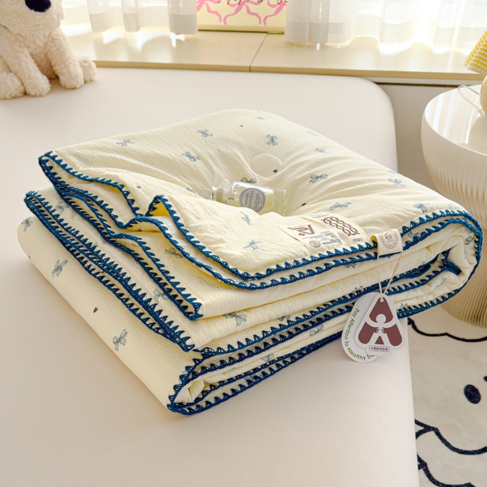 星巴k家纺 2025新款贝壳绣三角针花边工艺款贝壳边夏被夏凉被空调被四件套【可提供买家秀】 蓝色蝴蝶结