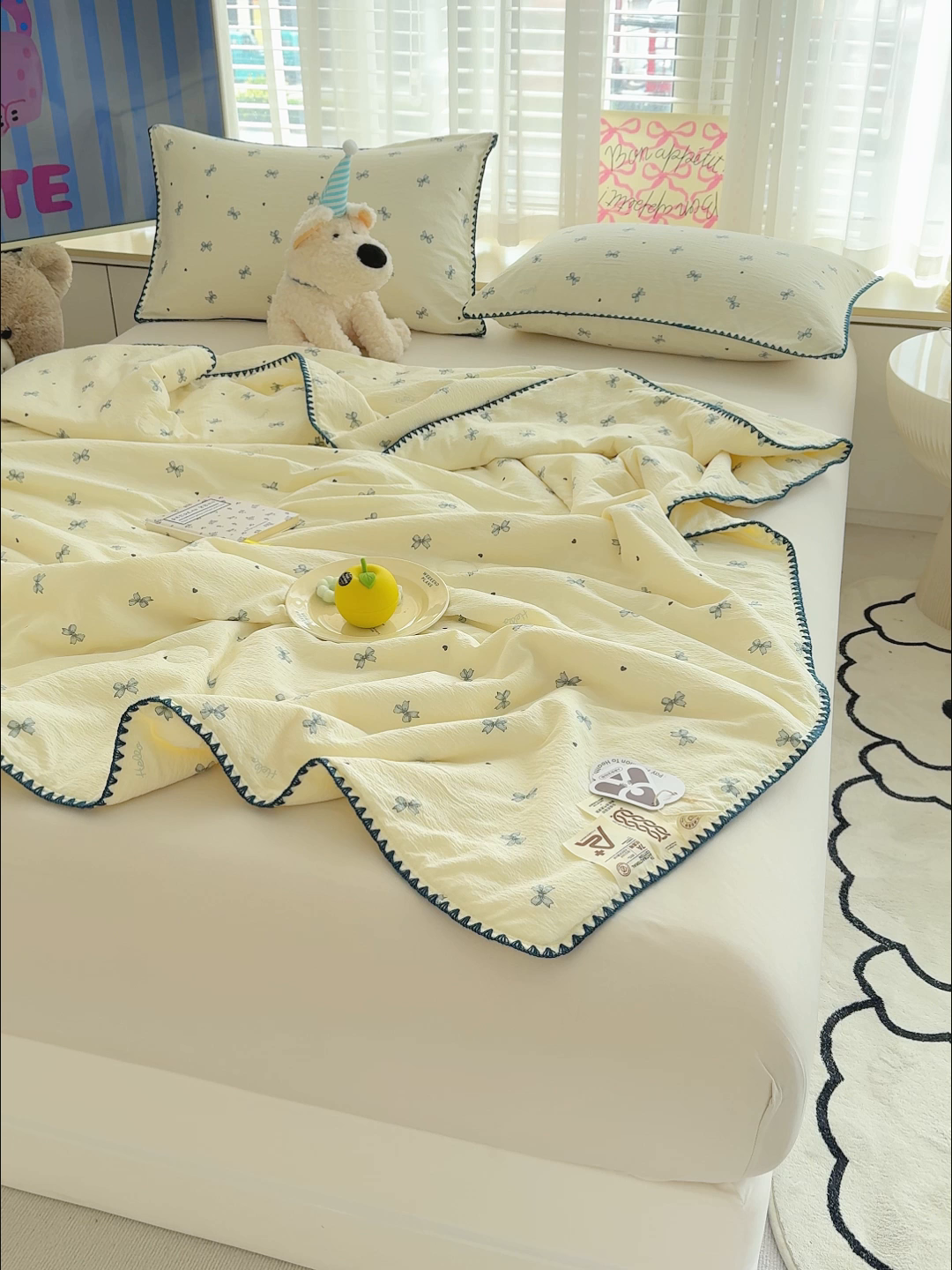 91家纺网 家纺一手货源 找家纺 星巴k家纺 2025新款贝壳绣三角针花边工艺款贝壳边夏被夏凉被空调被四件套【可提供买家秀】 蓝色蝴蝶结